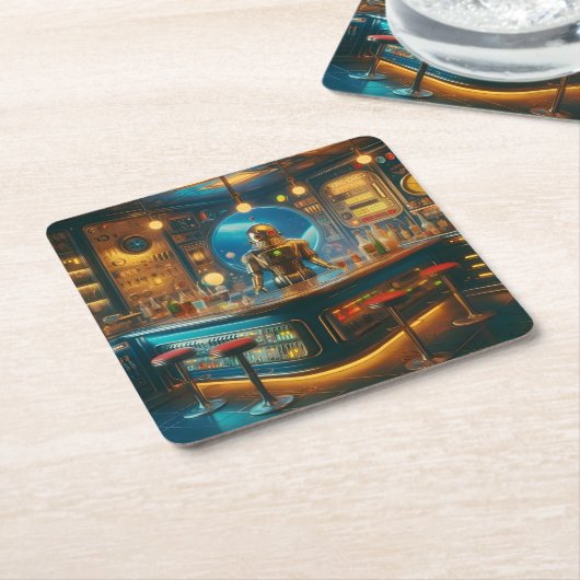 Robot Bartender in Interstellar Space Age Dive Bar スクエアペーパーコースター (アングル)