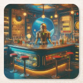 Robot Bartender in Interstellar Space Age Dive Bar スクエアペーパーコースター (正面)