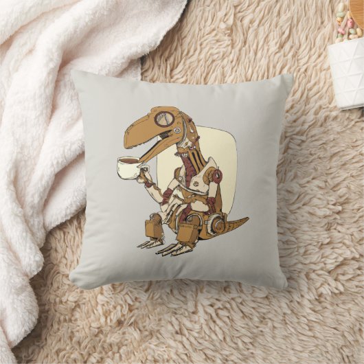 Robot Dinosaur Drinking Coffee クッション (ブランケット)