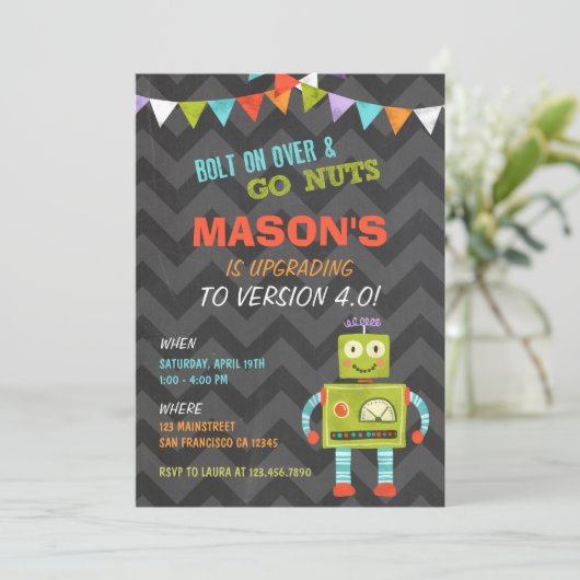 Robot Let's Go Nuts Birthday Party Invitation 招待状 (スタンド正面)