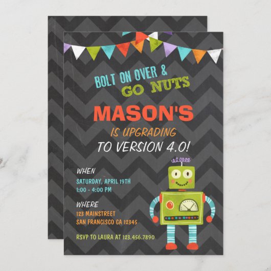 Robot Let's Go Nuts Birthday Party Invitation 招待状 (正面/裏面)