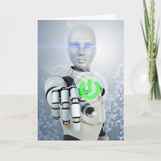 Robot Pushing Power Button Sci-Fi Greeting Cards カード (正面)