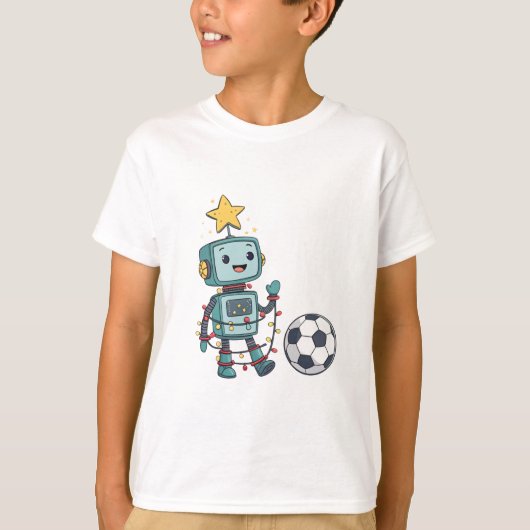 Robot with Christmas lights playing soccer Tシャツ (正面)