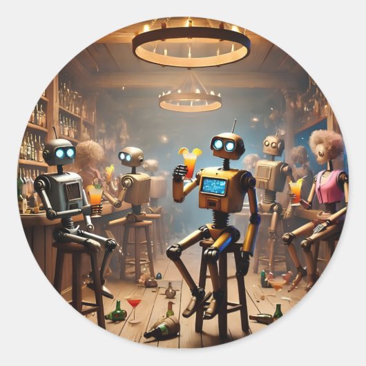 robots having fun in a bar ラウンドシール (正面)