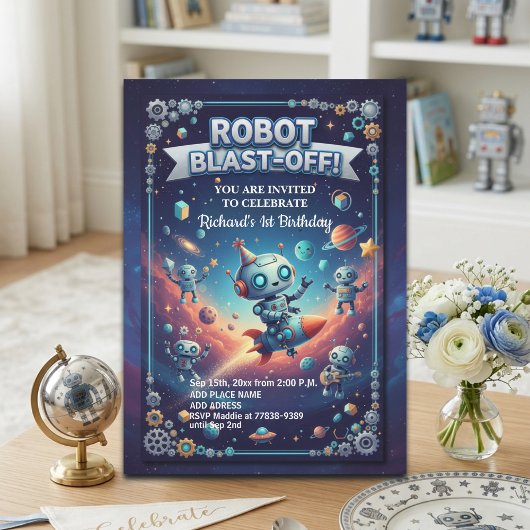 Robots in Space 1st Birthday Party 招待状