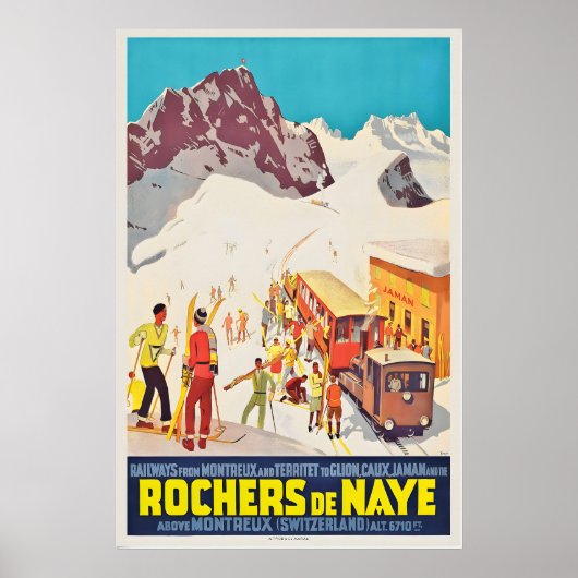 Rochers de Naye Montreux Switzerland Vintage Ski ポスター (正面)