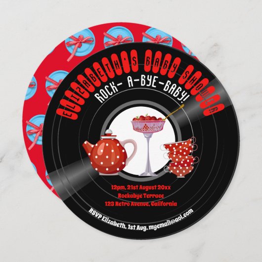 Rock-A-Bye-BABYシャワーレトロレコード茶パーティー赤 招待状 (正面/裏面)