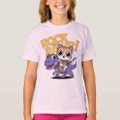 "ROCK AND RAWR!" Cat on Dinosaur with Guitar Tシャツ (正面)
