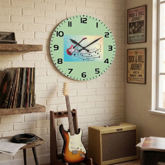 Rock and Roll Electric Guitar Swirling Music Notes ラージ壁時計