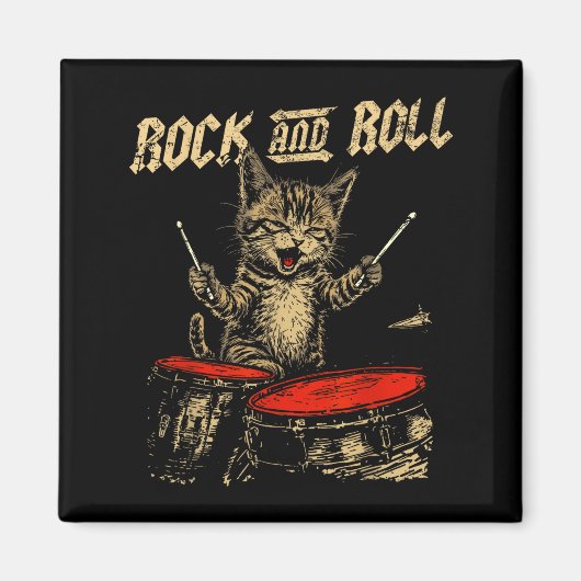 Rock And Roll Funny Cat Playing Drum For Men Women マグネット (正面)