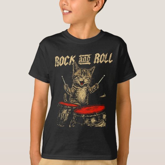 Rock And Roll Funny Cat Playing Drum For Men Women Tシャツ (正面)