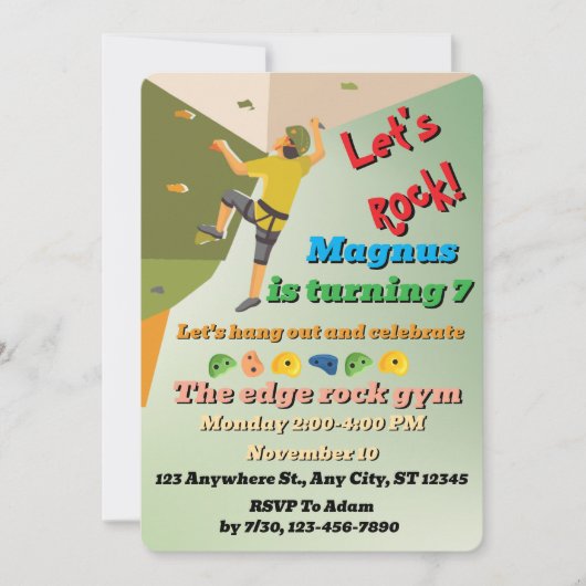 Rock Climbing Birthday Party Invitation Let's Rock 招待状 (正面)