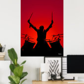 Rock Drummer Poster – Black Silhouette on Red ポスター (ホームオフィス)