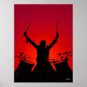 Rock Drummer Poster – Black Silhouette on Red ポスター (正面)