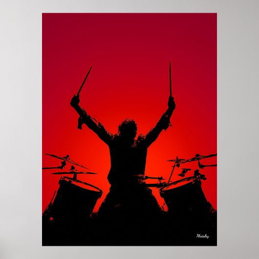 Rock Drummer Poster – Black Silhouette on Red ポスター (正面)