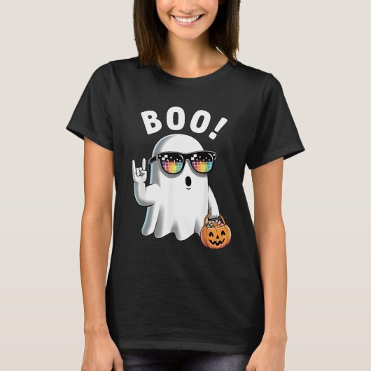 Rock Ghost Retro Halloween Pumpkin Funny Boo Tシャツ (正面)