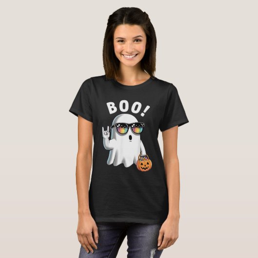 Rock Ghost Retro Halloween Pumpkin Funny Boo Tシャツ (正面フル)