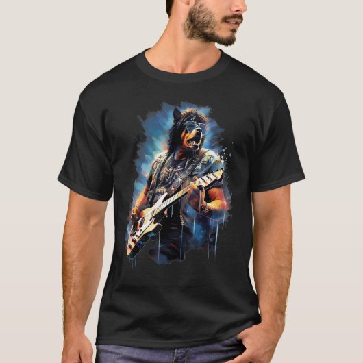 Rock Guitar Rottweiler Dog Guitarist Tシャツ (正面)