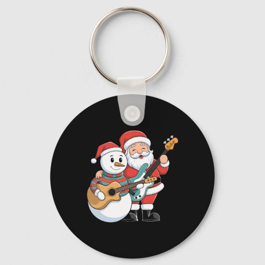 Rock Guitar Snowman And Santa Claus Playing Guitar キーホルダー (正面)