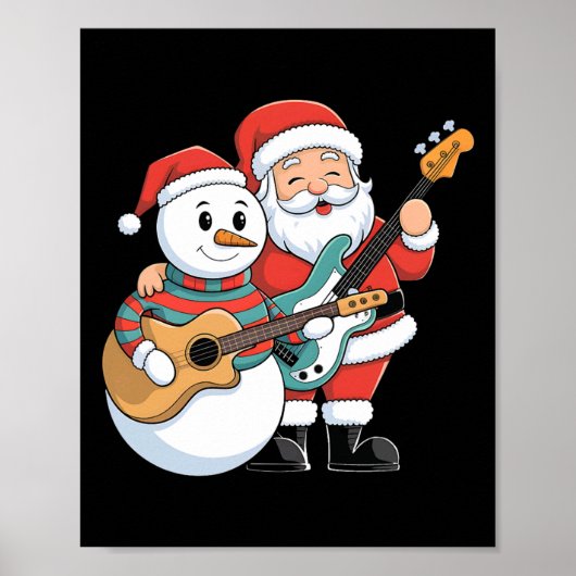 Rock Guitar Snowman And Santa Claus Playing Guitar ポスター (正面)