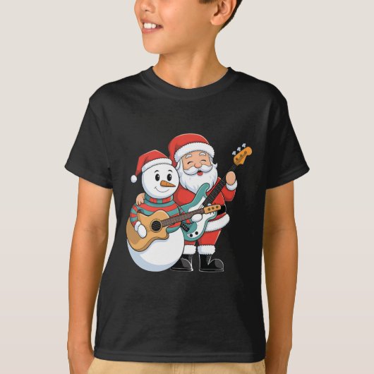 Rock Guitar Snowman And Santa Claus Playing Guitar Tシャツ (正面)