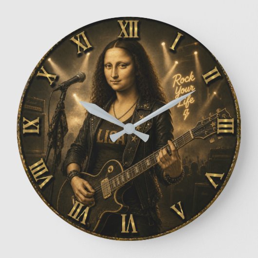 Rock Guitarist Funny Mona Lisa Music Player Gift ラージ壁時計 (正面)