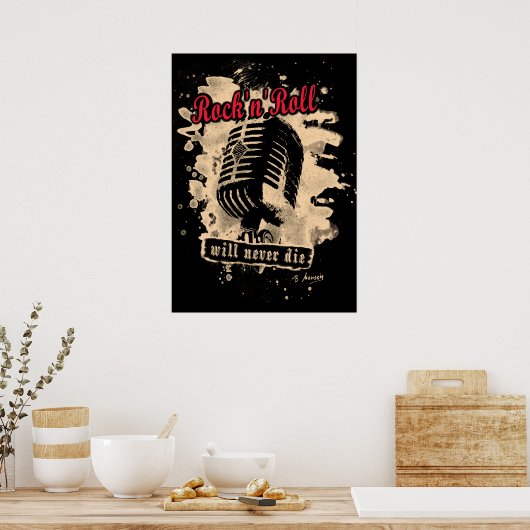 Rock-n – マイク転が – 赤 ポスター (キッチン)