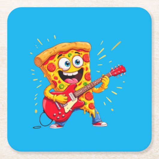 **Rock ’n’ Roll Pizza – Funny Guitar-Playing Slice スクエアペーパーコースター (正面)