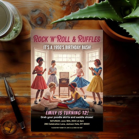 Rock 'n' Roll Ruffles 1950s Birthday Party 招待状