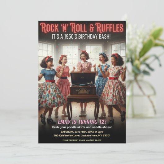 Rock 'n' Roll Ruffles 1950s Birthday Party 招待状 (スタンド正面)