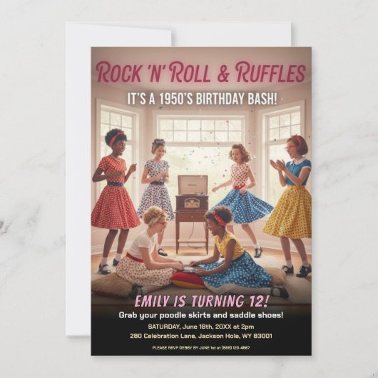 Rock 'n' Roll Ruffles 1950s Birthday Party 招待状 (正面)