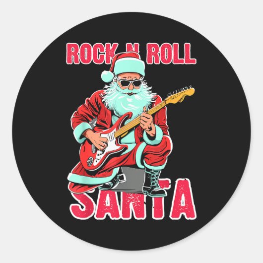 Rock N Roll Santa Playing Guitar Christmas ラウンドシール (正面)
