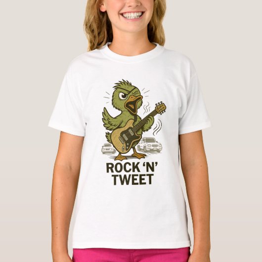 "Rock 'n' Tweet" - ロックスター鳥 Tシャツ (正面)
