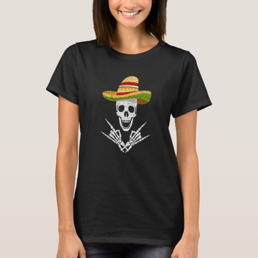 Rock On Mexican Skeleton Sombrero Dia De Los Muert Tシャツ (正面)