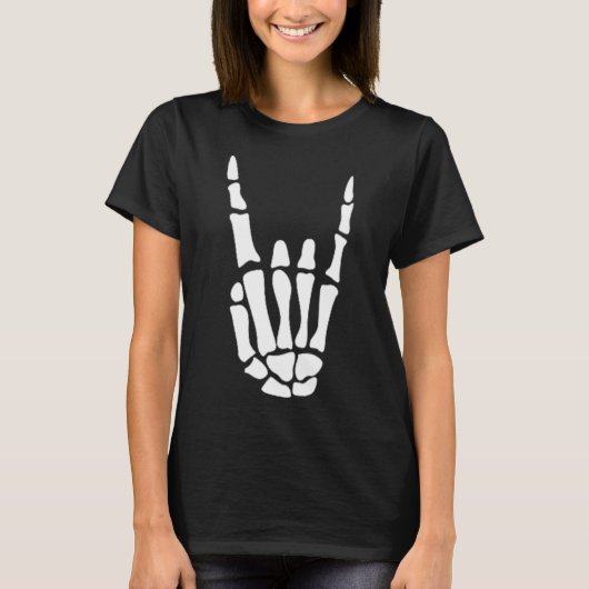 Rock On Skeleton Hand Sign - ミニマル Hallowee Tシャツ (正面)