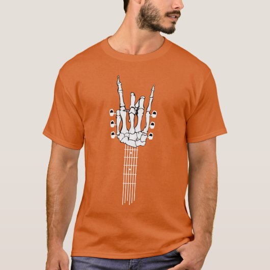 Rock On Skeleton Hands Guitar Neck Rock N Roll Mus Tシャツ (正面)