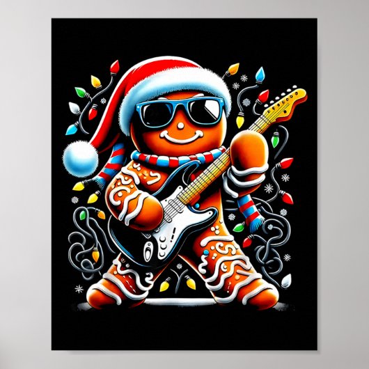 Rock Star Gingerbread Christmas Guitar Lights Men ポスター (正面)