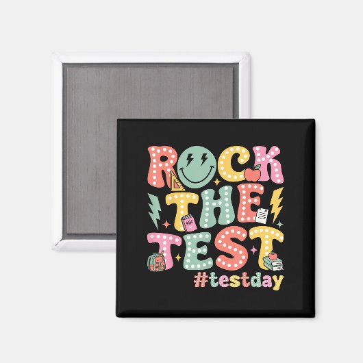 Rock The Test Testing Day Retro Motivational Teach マグネット (正面/裏面)