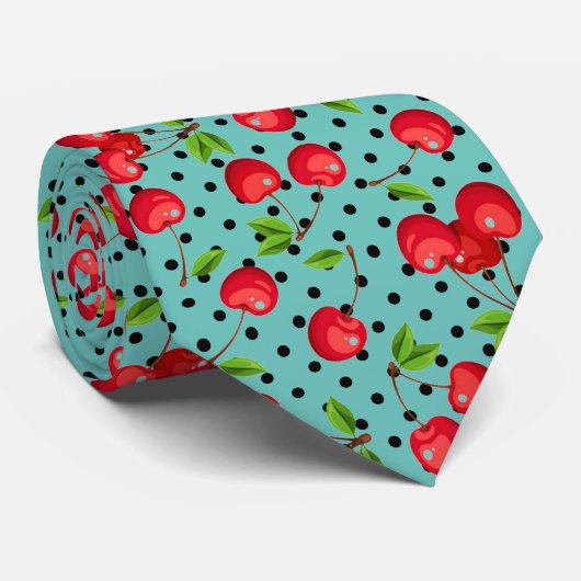 Rockabilly Cherries Polka Dots on Blue ネクタイ (ロール)