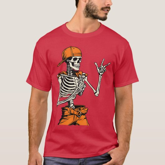 Rocker Skeleton Cap Skater Cool Halloween Punk Roc Tシャツ (正面)