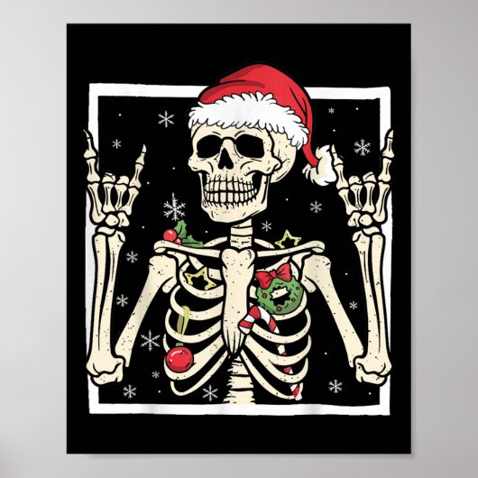 Rocker Skeleton Santa Hat Cool Christmas Punk Rock ポスター (正面)