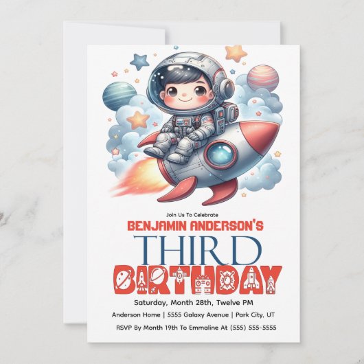 Rocket Astronaut Boy's 3rd Birthday 招待状 (正面)