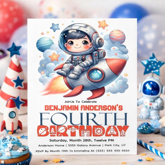 Rocket Astronaut Boy's 4rd Birthday 招待状