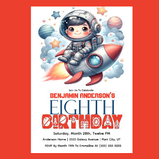 Rocket Astronaut Boy's 8th Birthday 招待状