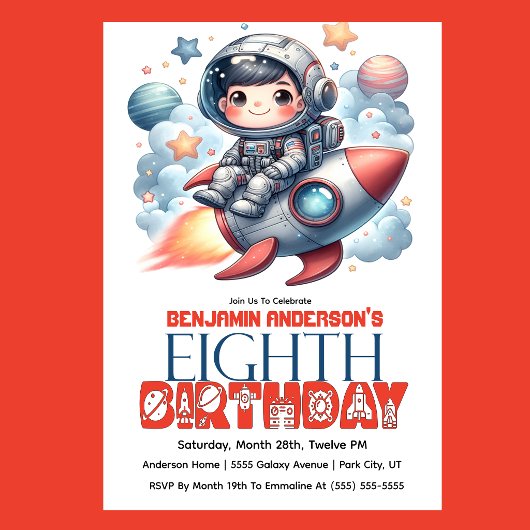 Rocket Astronaut Boy's 8th Birthday 招待状