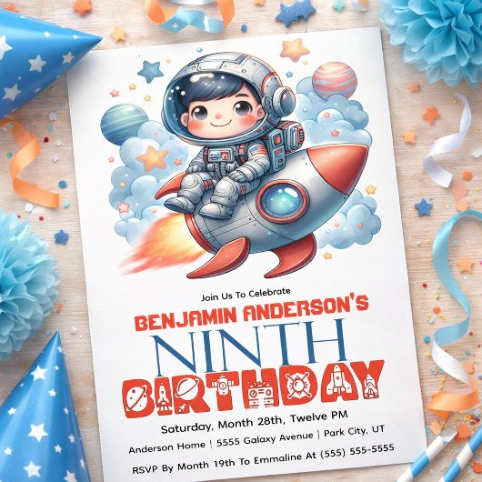 Rocket Astronaut Boy's 9th Birthday 招待状