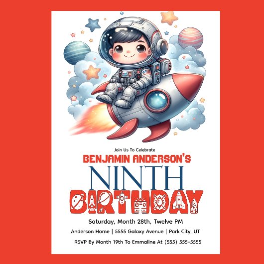 Rocket Astronaut Boy's 9th Birthday 招待状