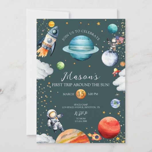 Rocket & Astronaut First Trip Around the Sun Space 招待状 (正面)