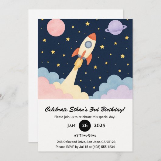 Rocket Launch & Starry Night Sky Birthday  招待状 (正面/裏面)
