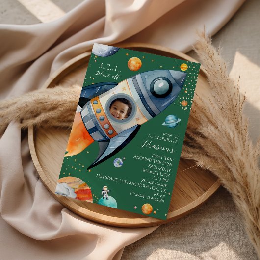 Rocket Photo First Birthday Space Party Invitation 招待状